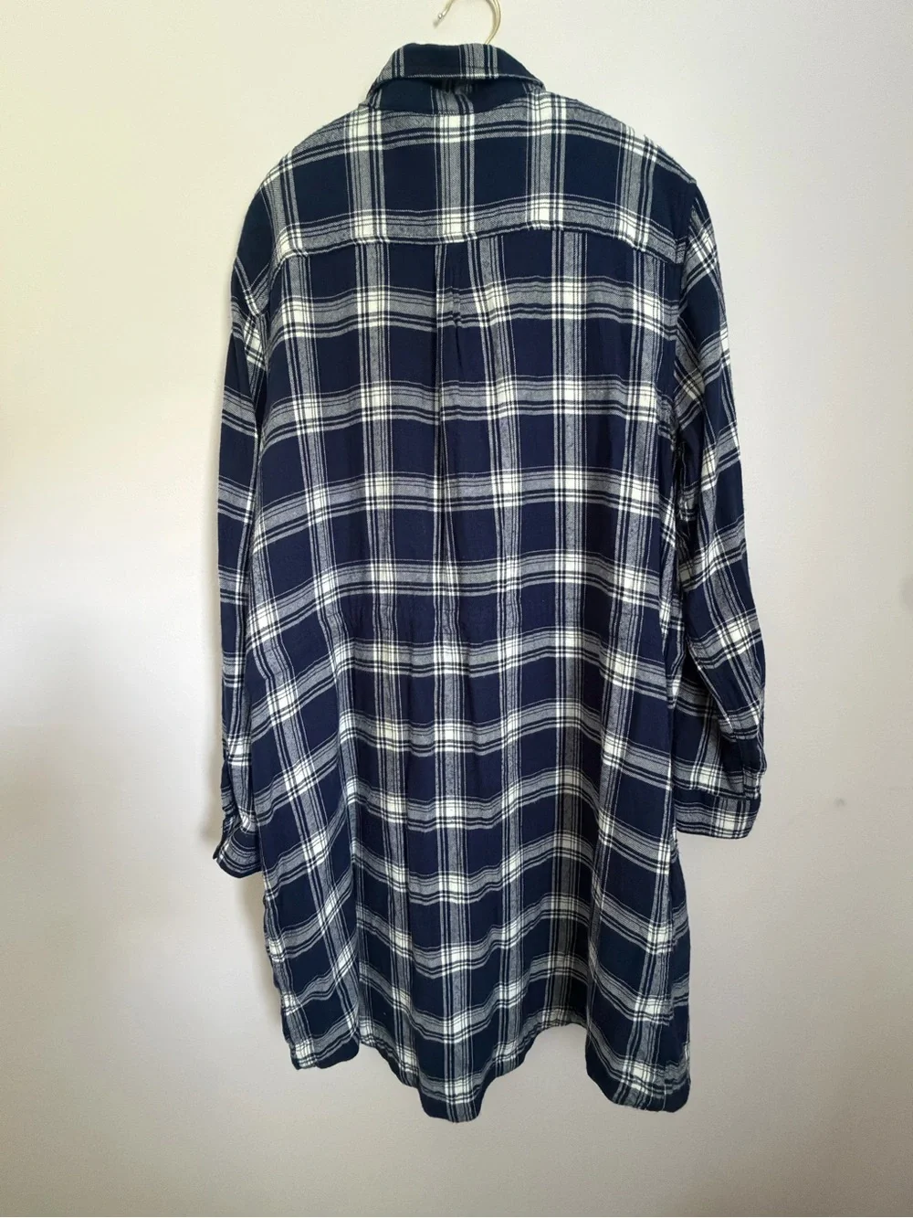 Navy Plaid Long Sleeve Shirt Dress with Pink Floral Embroidery